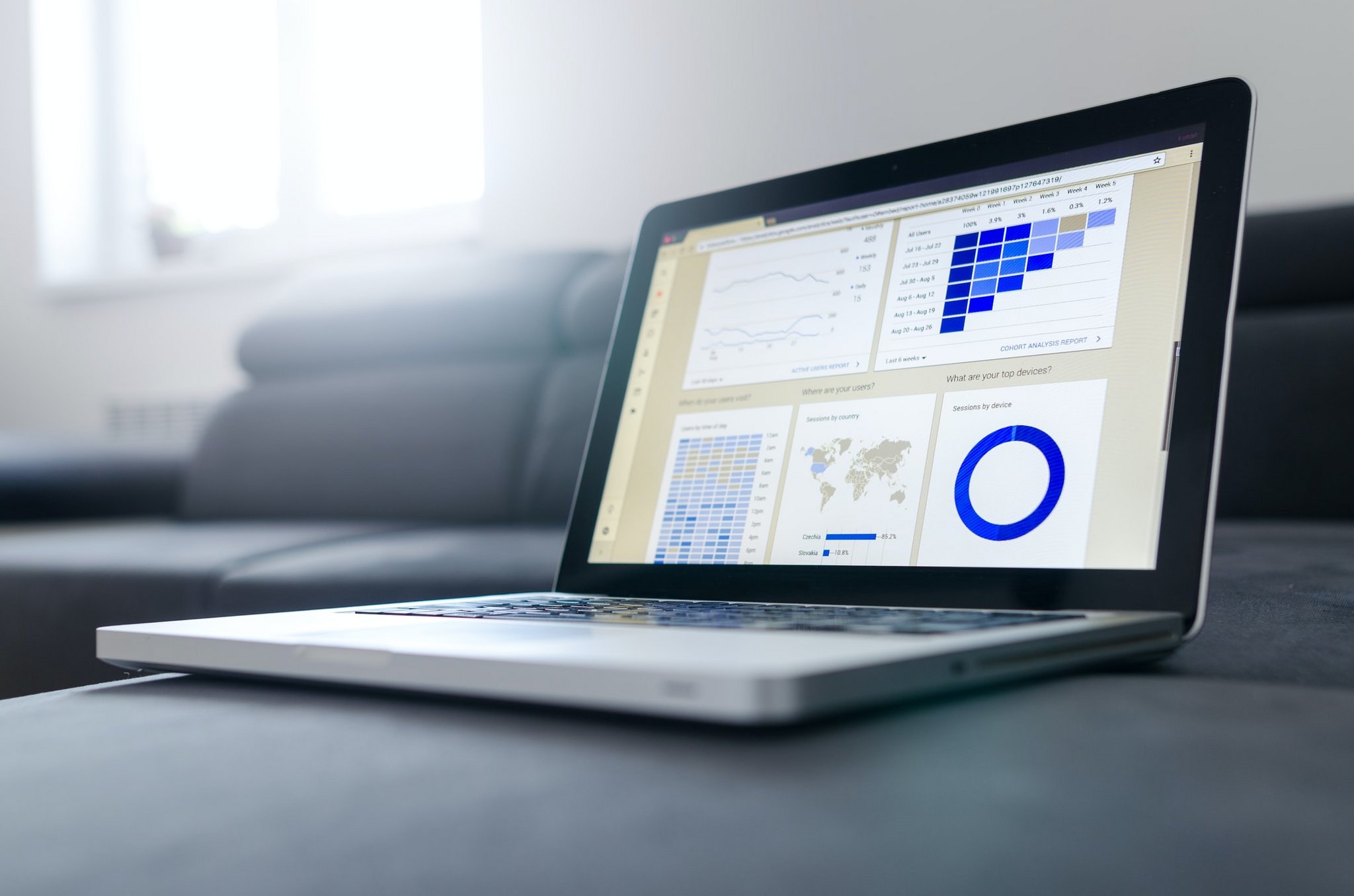 Das Bild zeigt einen Laptop, auf dessen Bildschirm sieht man verschiedene Statistiken und Graphen